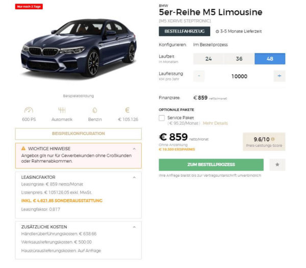BMW M5 Limousine xDrive Steptronic Leasing für 859 Euro im Monat netto ...
