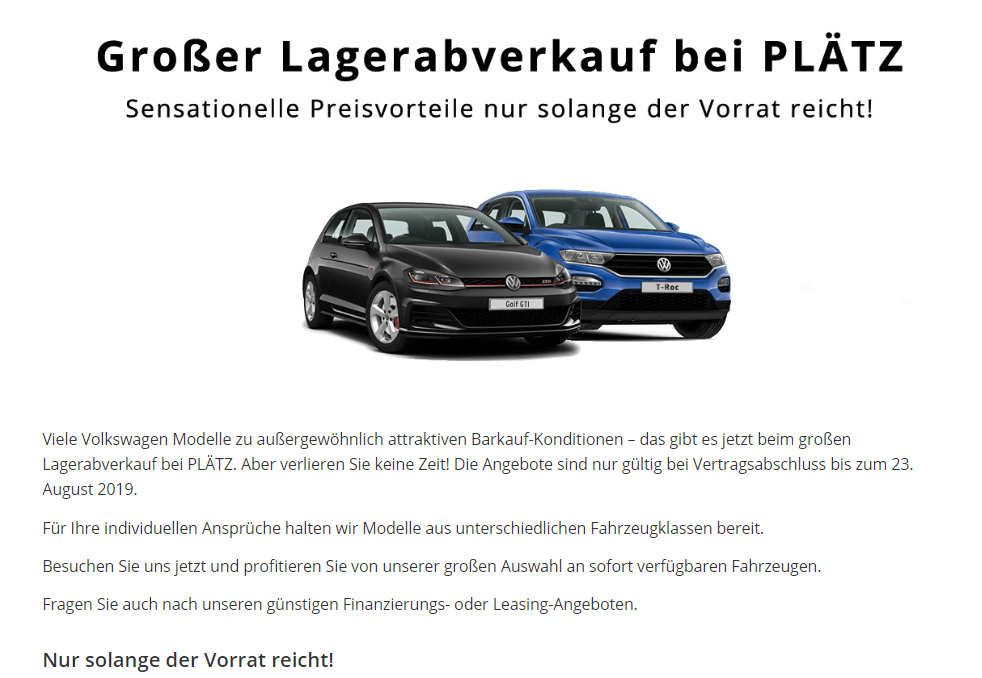 Großer Lagerabverkauf bei Plätz