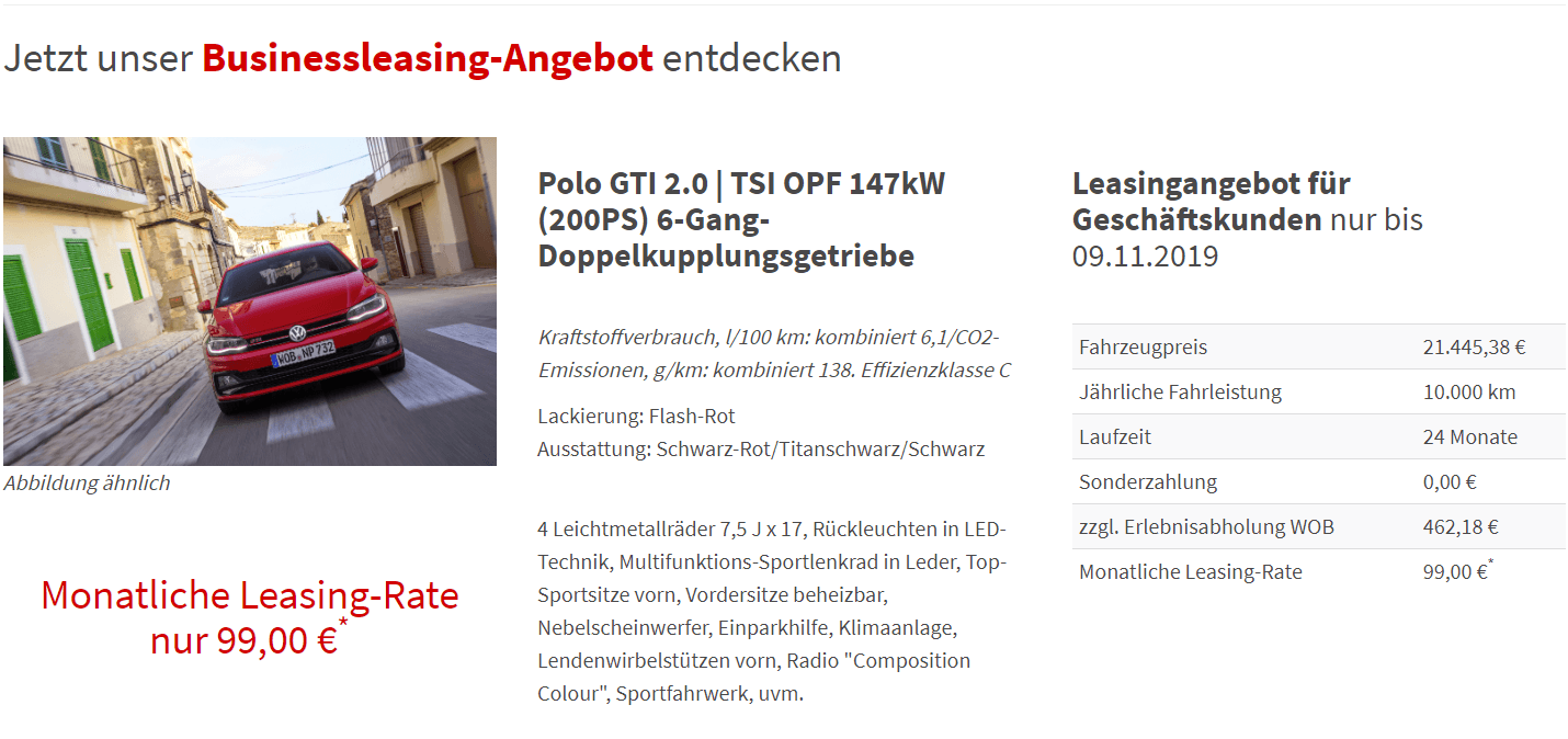 Volkswagen Polo GTI 2.0 TSI DSG Leasing für 99 Euro im ...