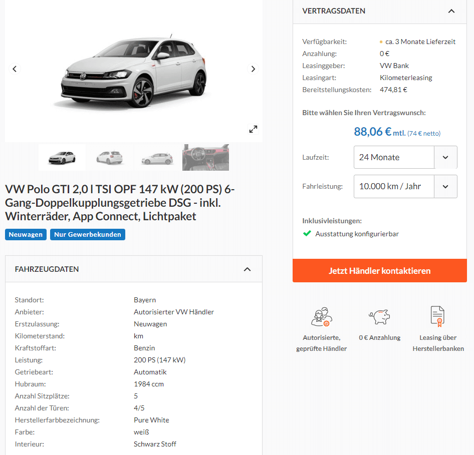 VW Polo GTI 2,0 l TSI OPF 6-Gang DSG Leasing für 74 Euro ...