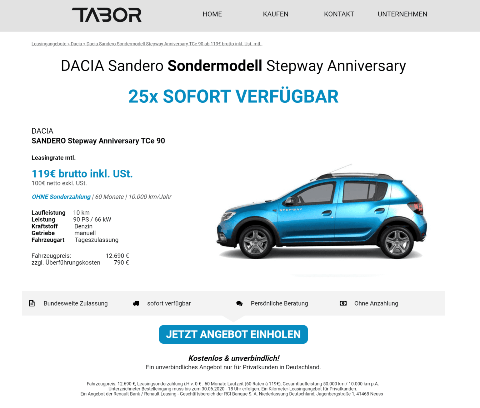 Dacia Sandero TCe 90 Stepway Anniversary Leasing für 119 Euro im Monat brutto [Tageszulassung ...
