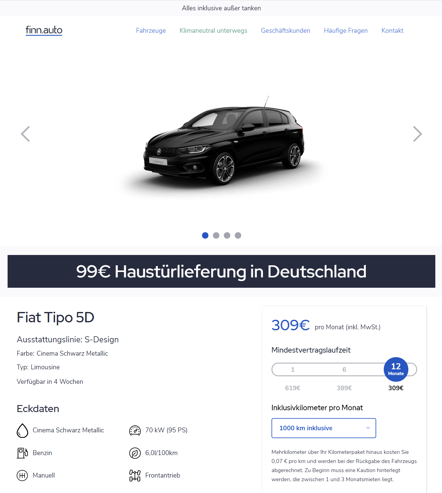 Fiat Tipo 5D S-Design Limousine Auto-Abo für 309 Euro im Monat brutto  [All-inclusive] 