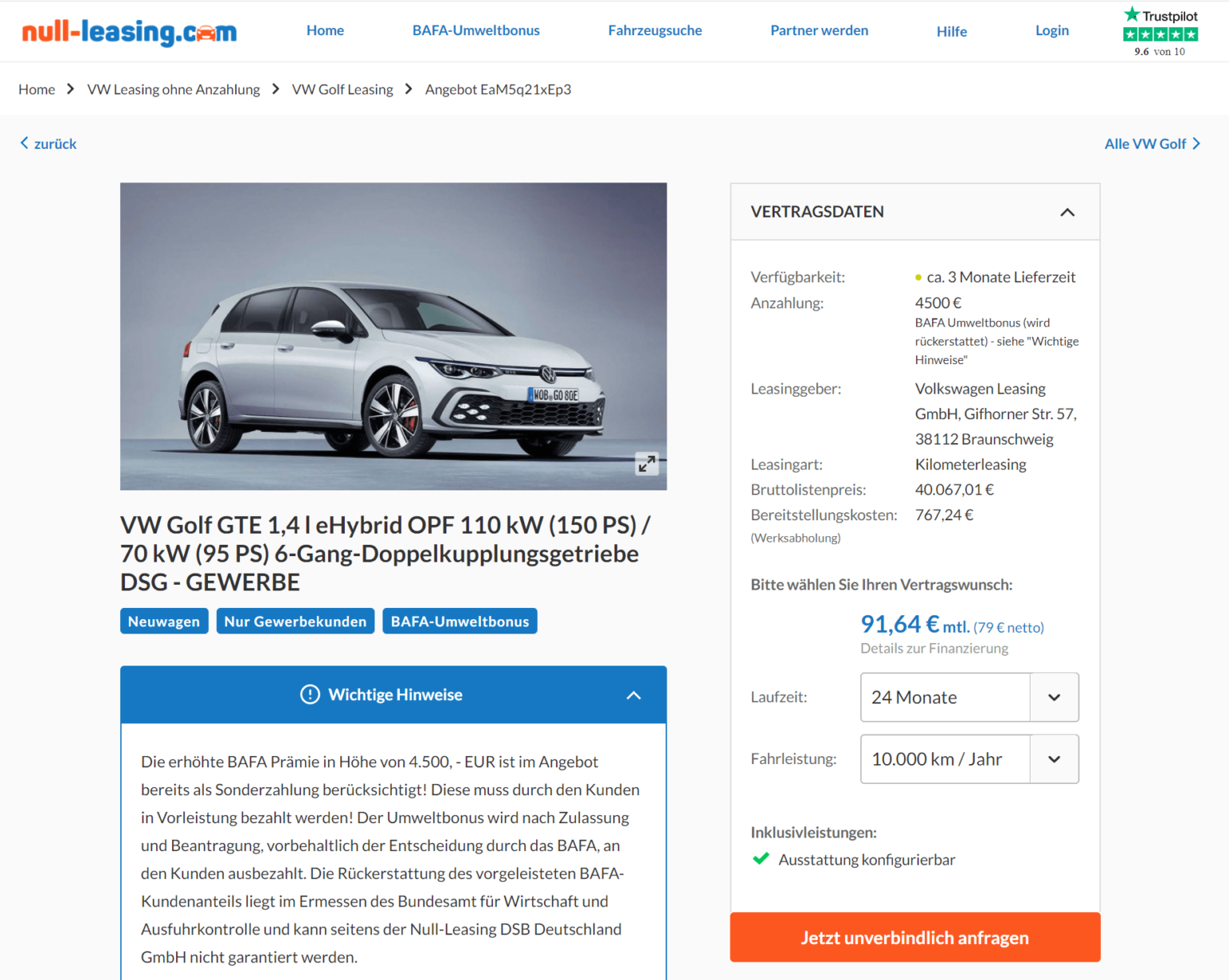 VW Golf 8 GTE 1.4 eHybrid Leasing für 79 Euro netto