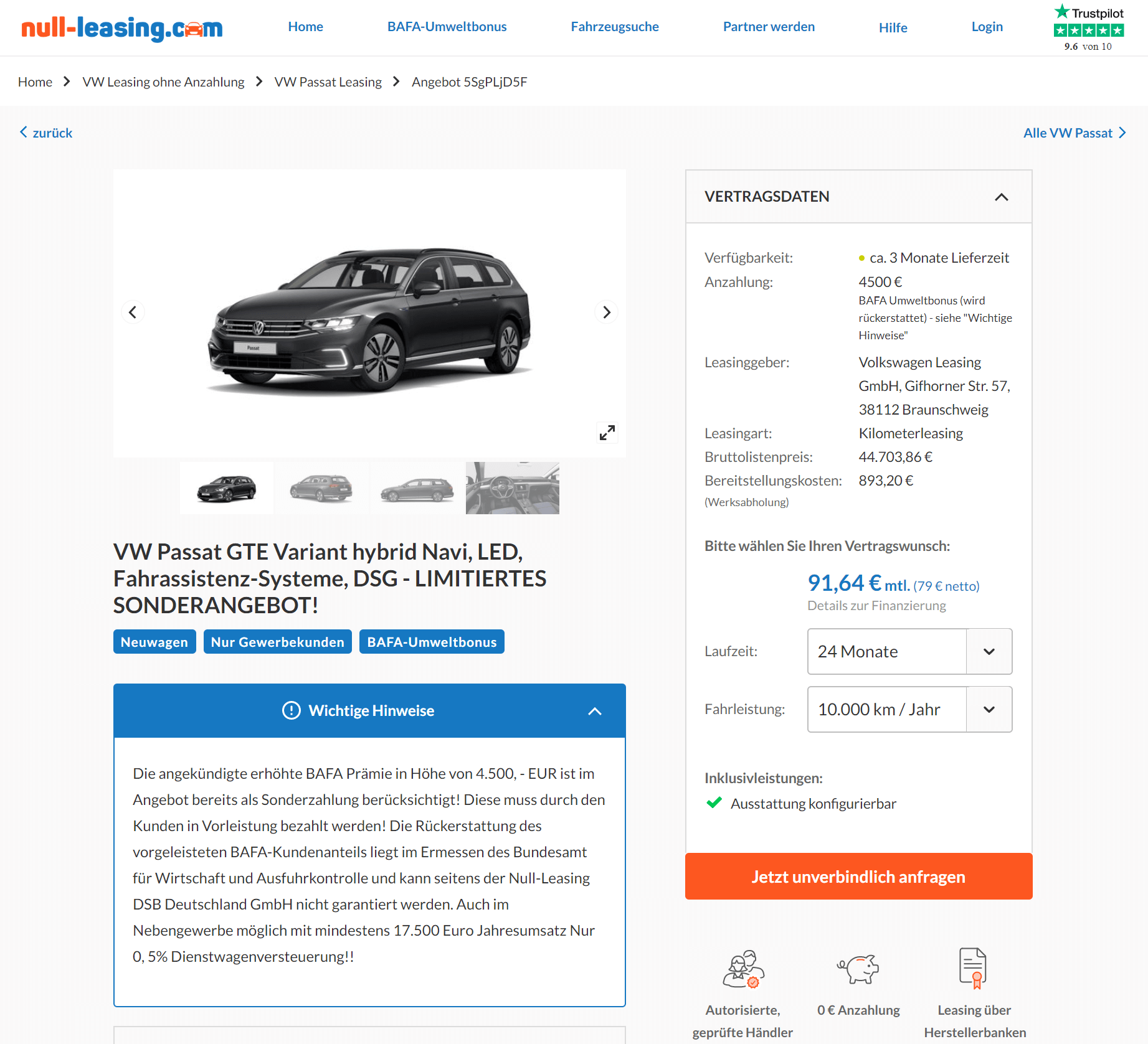 Volkswagen Passat GTE Kombi Leasing für 79€ netto