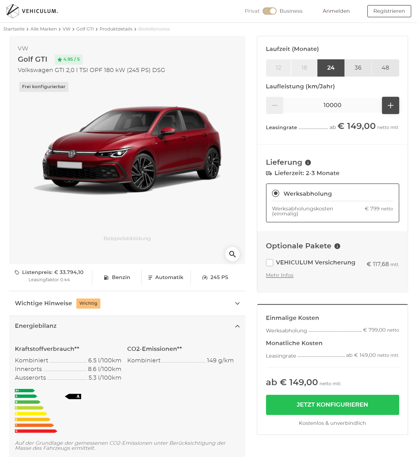VW Golf VIII GTI Leasing für 149 Euro im Monat netto 
