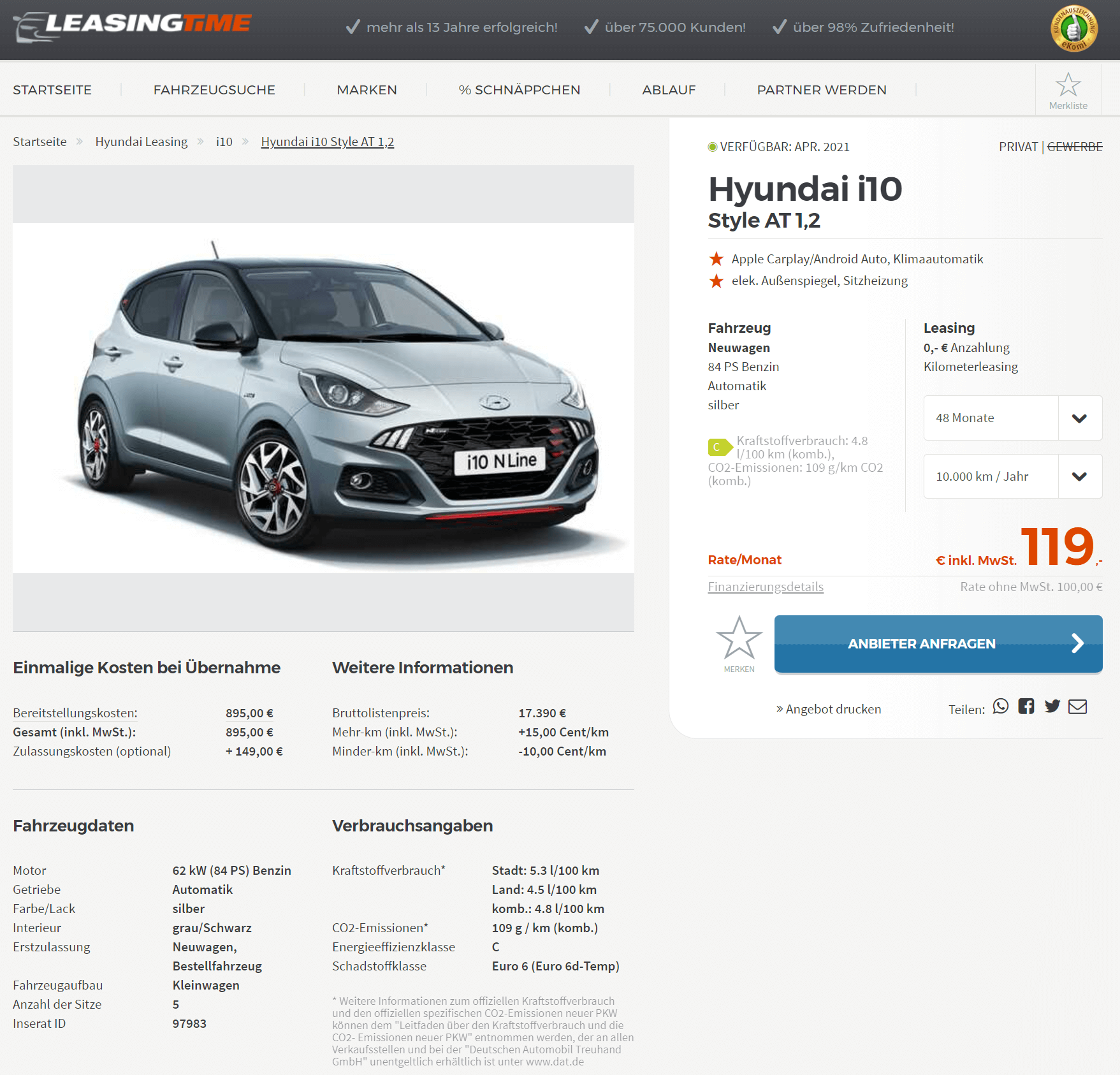 Hyundai i10 1.2 Style Leasing für 119€ im Monat brutto 