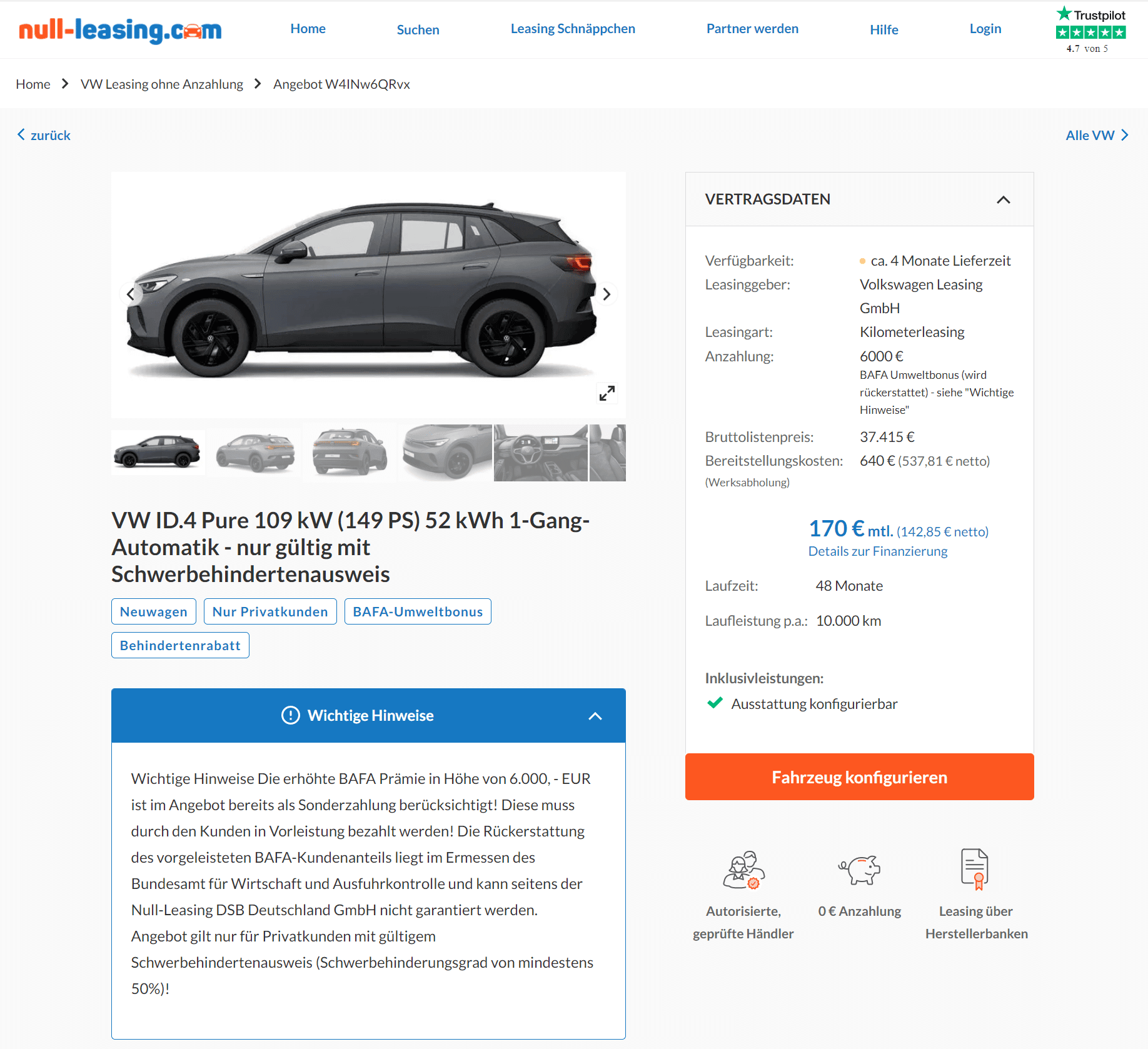 Volkswagen ID.4 Leasing für 170 Euro im Monat brutto 