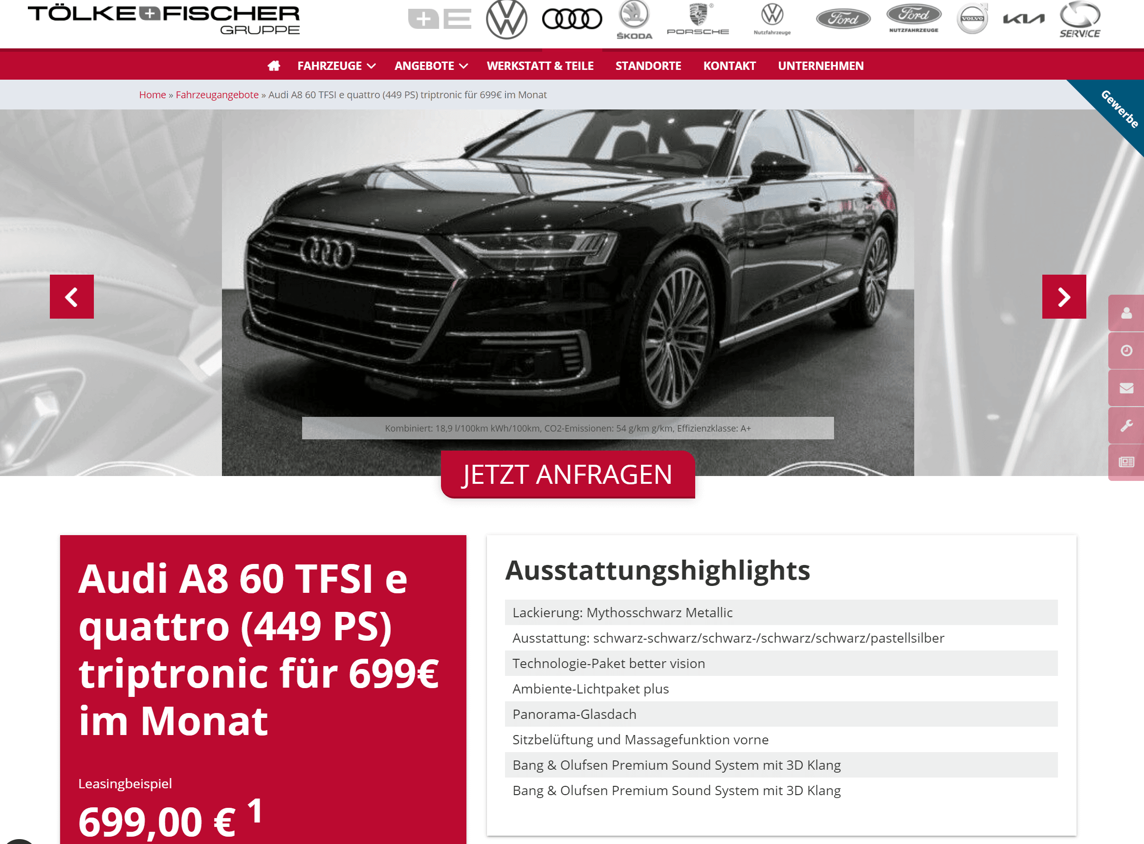 Audi A8 60 TFSI e Leasing für 699€ im Monat netto 