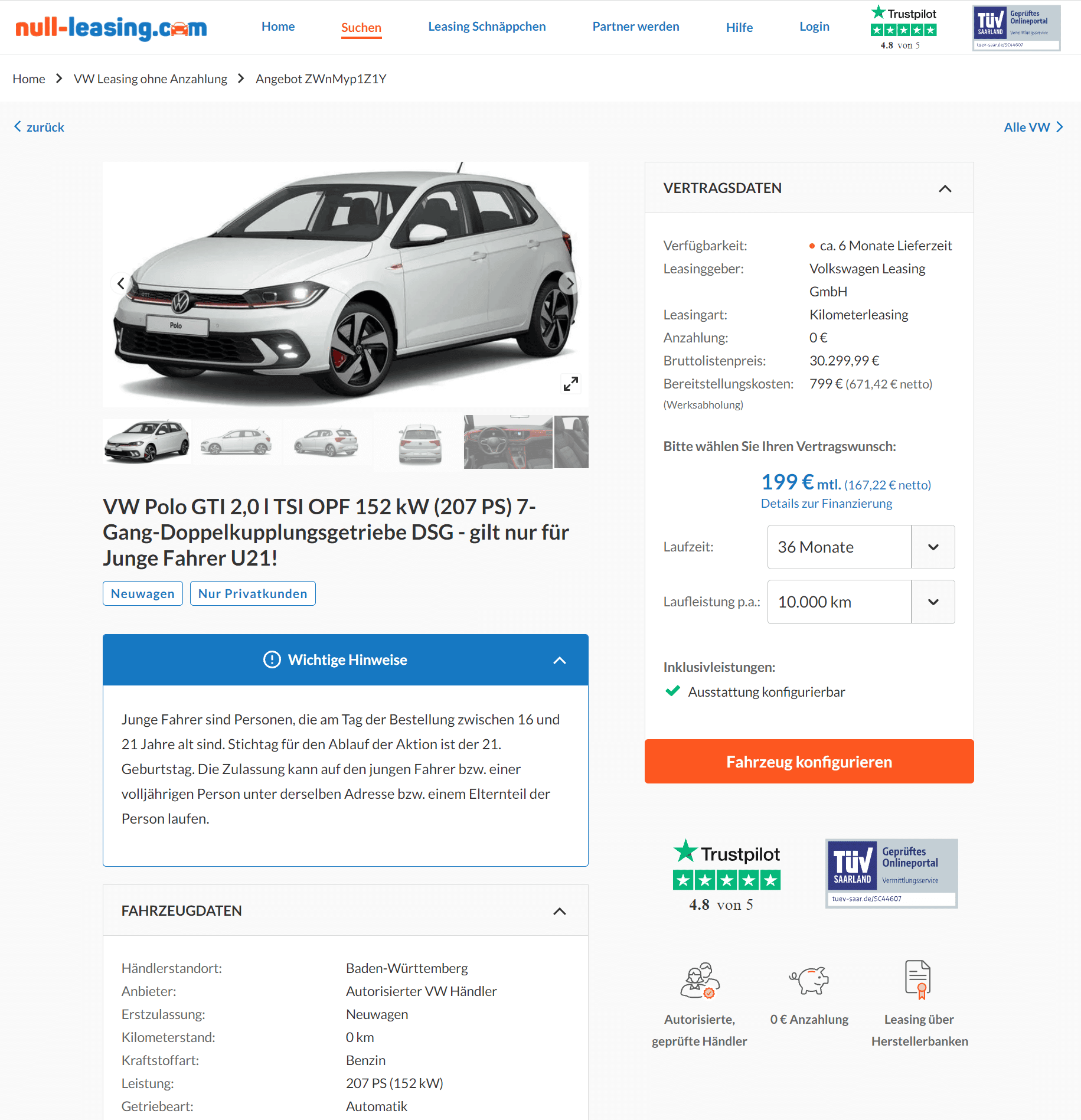 VW Polo GTI Leasing für 199 Euro im Monat brutto 