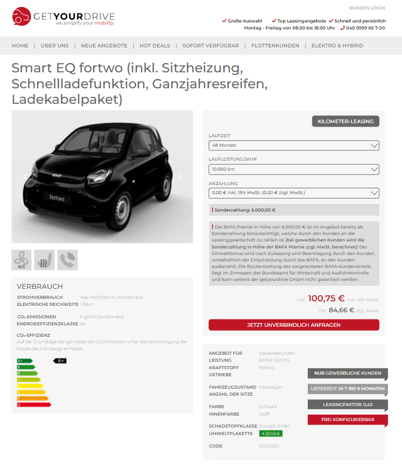 Smart EQ ForTwo Leasing für 85€ im Monat netto 