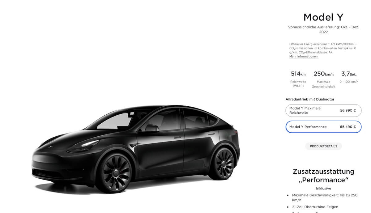 Tesla Model Y Performance im Konfigurator im Juni 2022