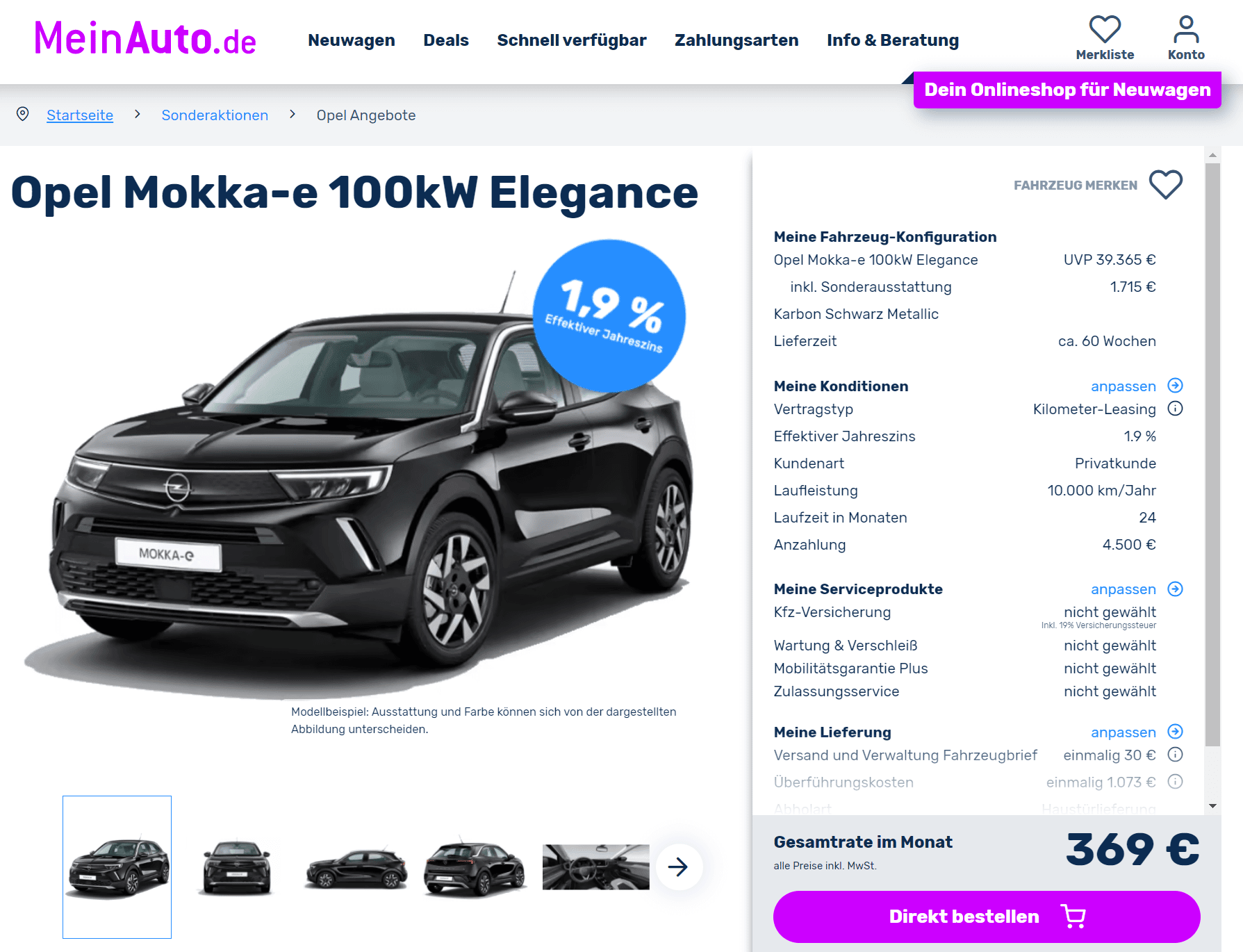 Opel Mokka-e Leasing für 369€ im Monat brutto 