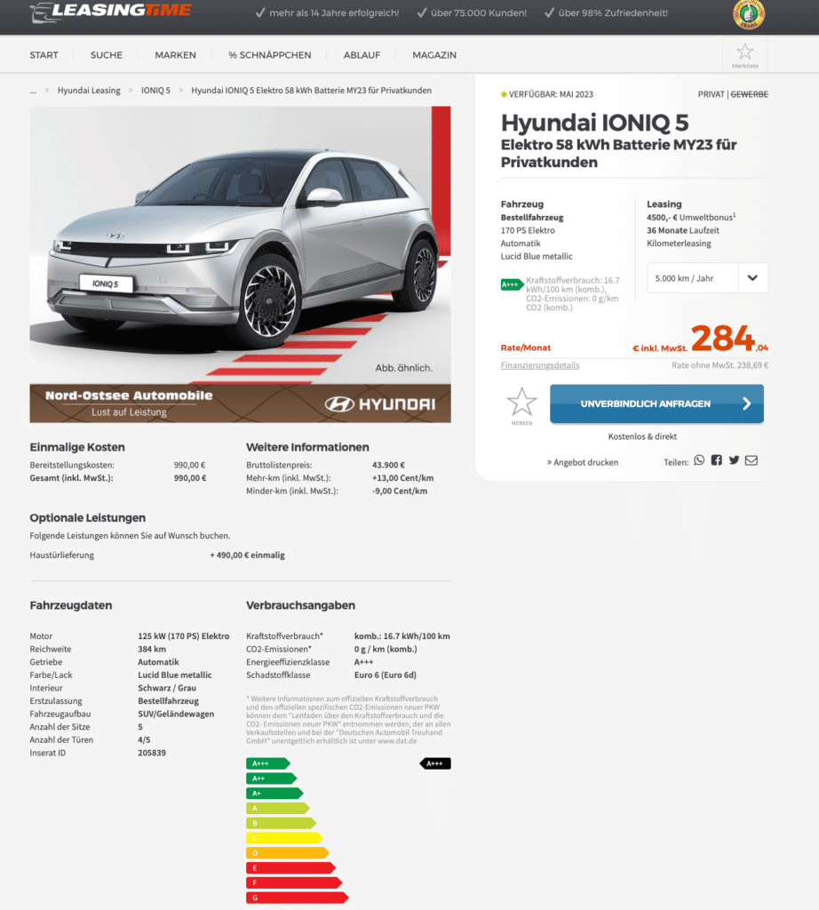 Hyundai Ioniq 5 Leasing für mtl. 284€ brutto sparneuwagen.de