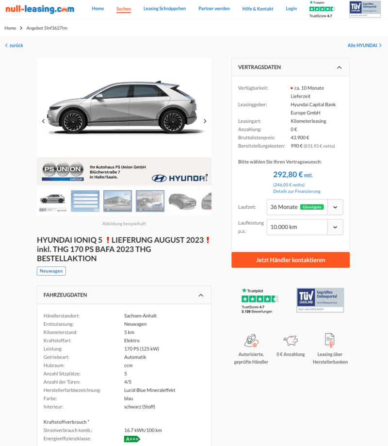 Hyundai Ioniq 5 Leasing für mtl. 293€ brutto sparneuwagen.de