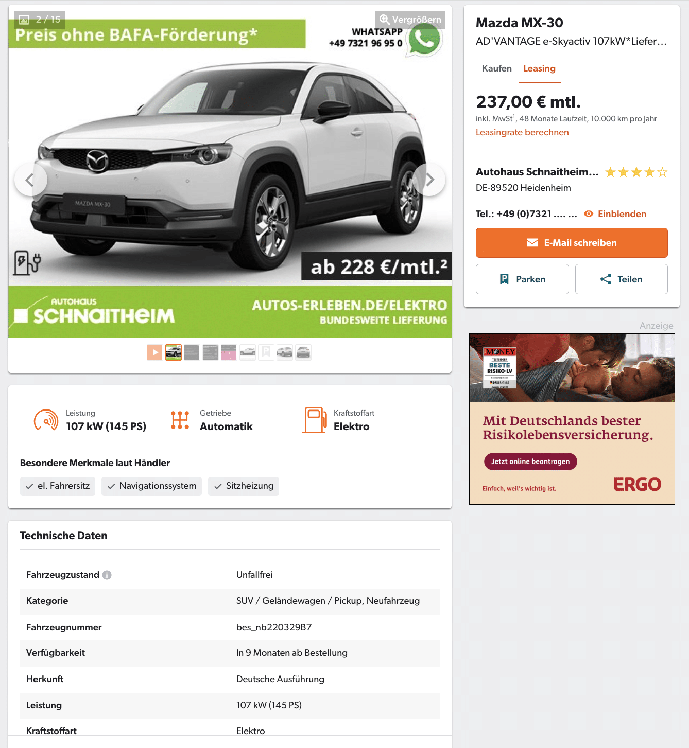 Mazda MX-30 Leasing für 237€ im Monat brutto 