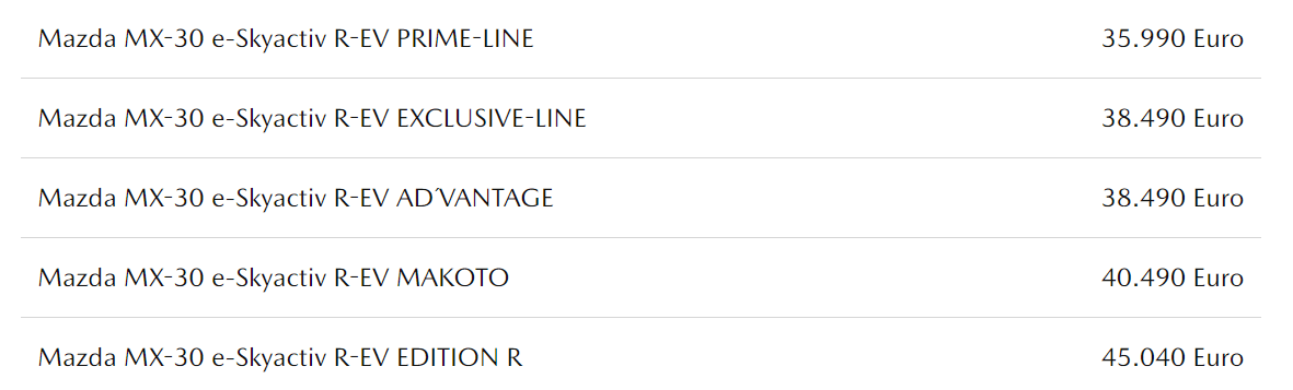 Mazda MX-30 e-Skyactiv R-EV Preise