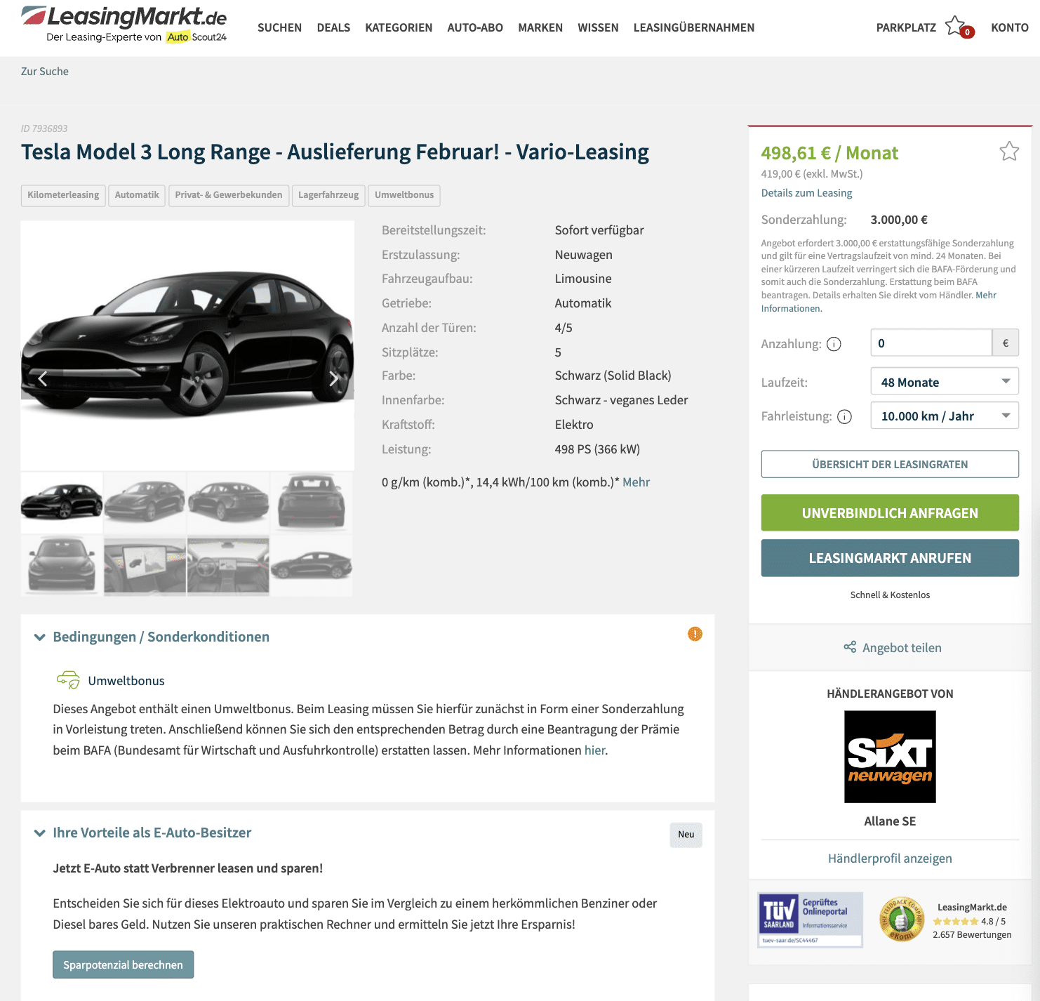Tesla Model 3 Vario-Leasing für mtl. 499€ brutto 
