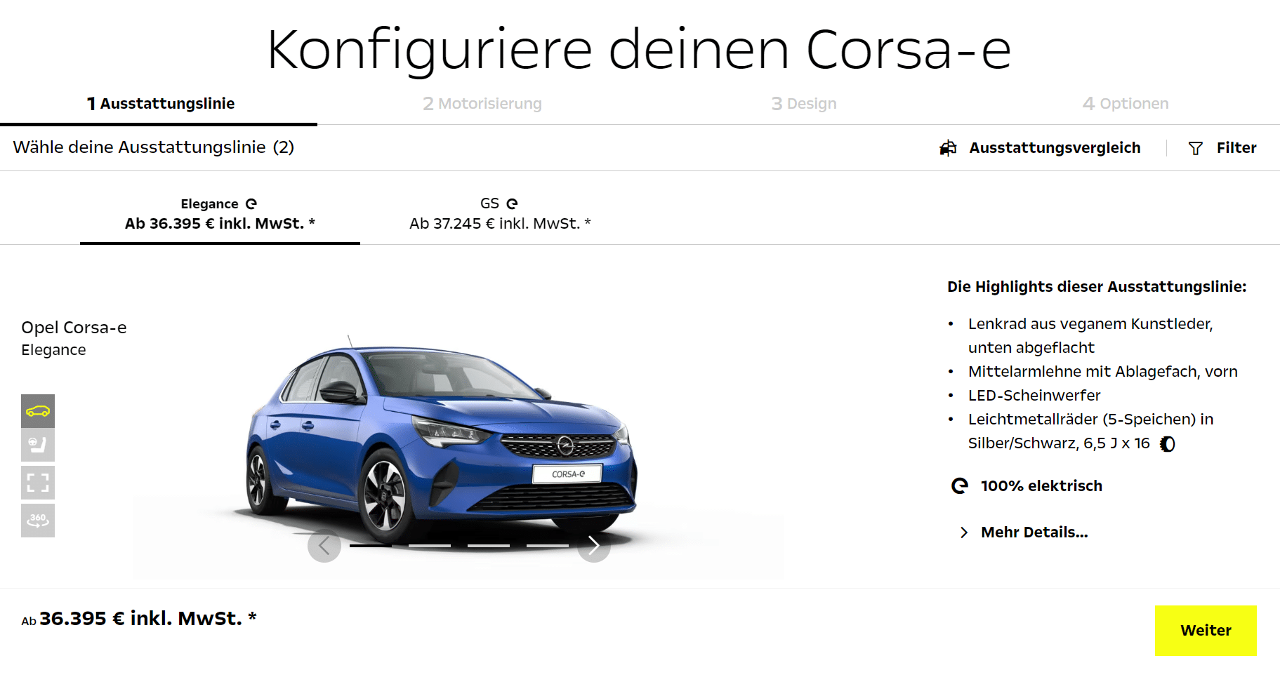 Opel Corsa-e Konfigurator Stand Mitte Februar 2023