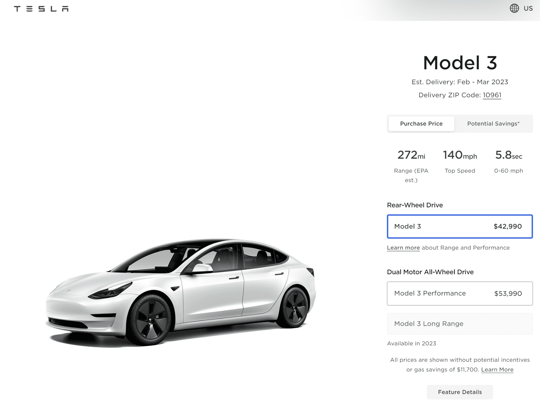 Tesla Model 3 Preis für die Basisversion (Stand Mitte Februar 2023)