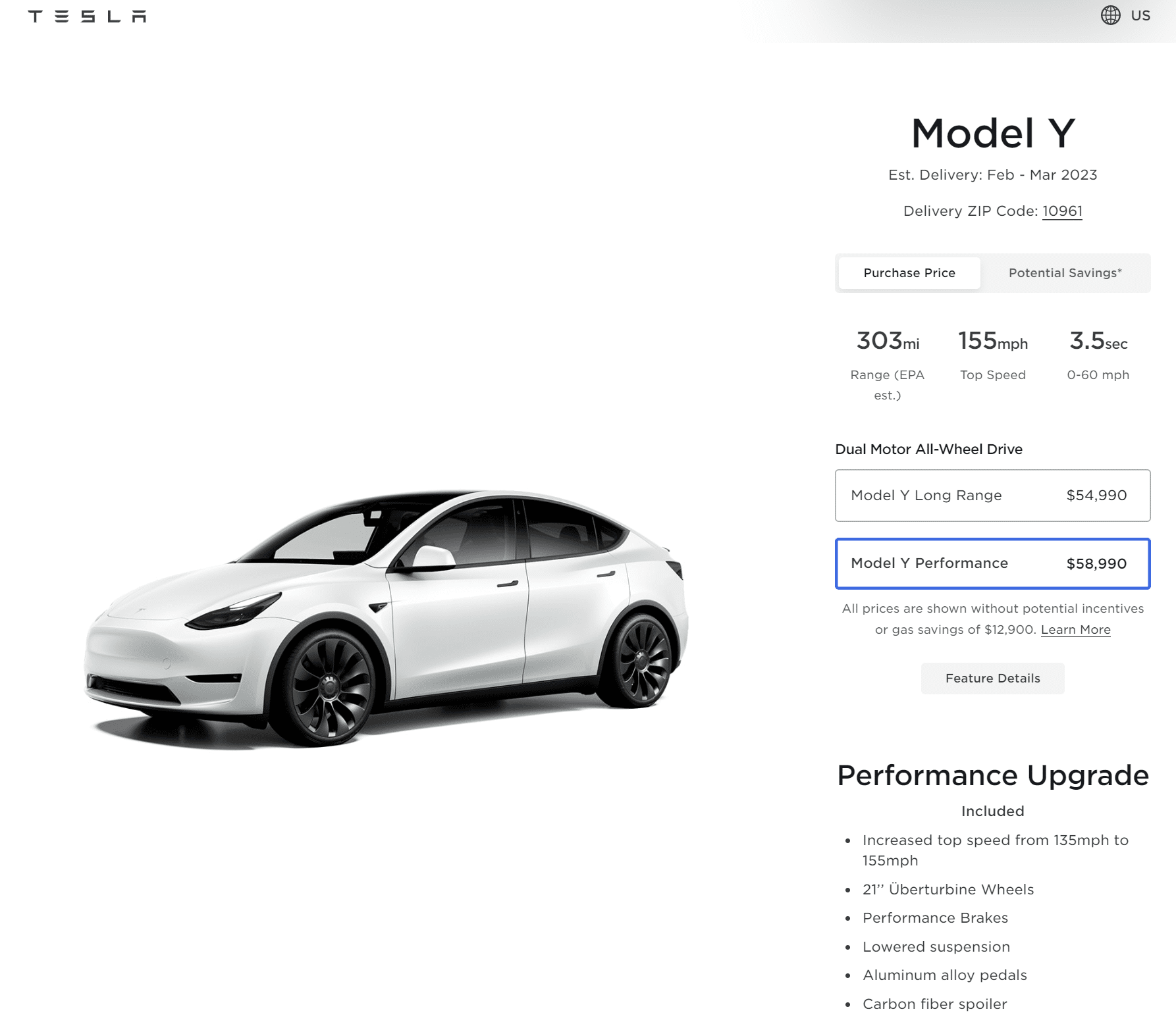 Tesla Model Y Preis in den USA (Stand Mitte Februar 2023)