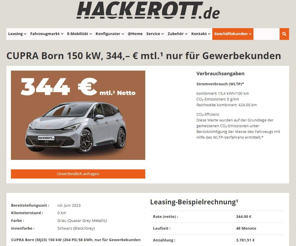 Cupra Born Leasing für 344 € im Monat netto 