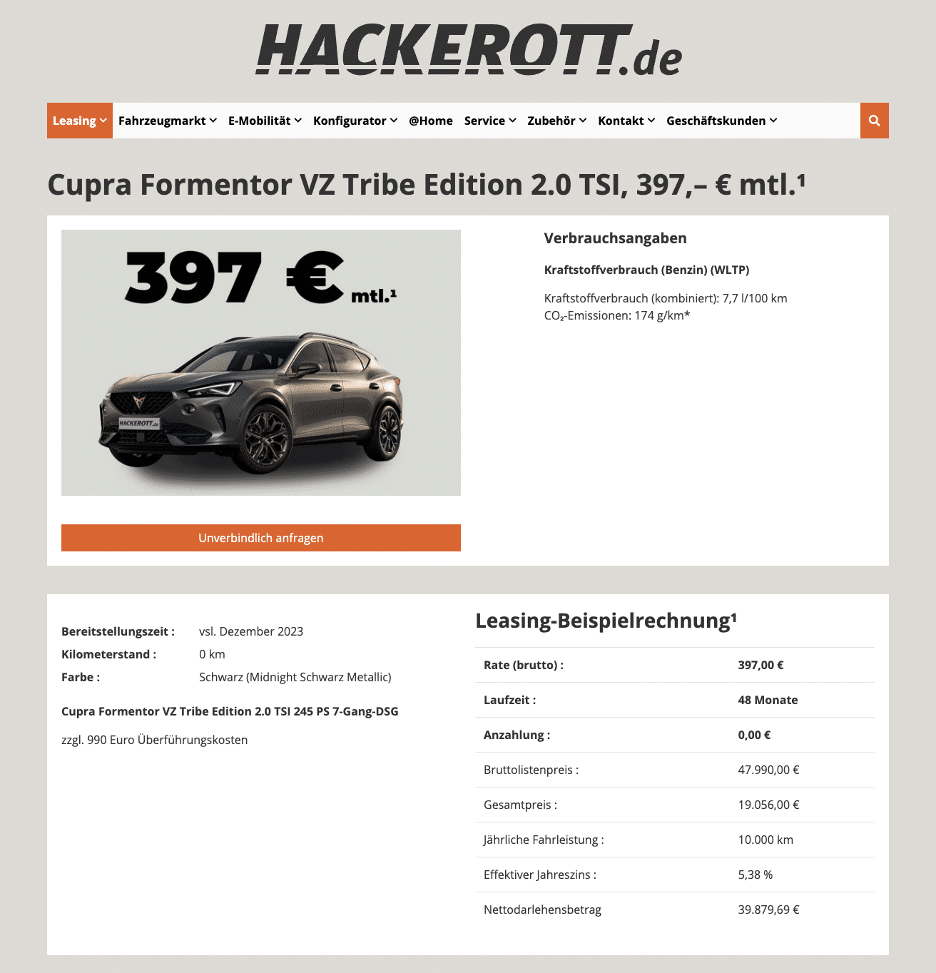 Cupra Formentor VZ Leasing für 397€ / brutto 