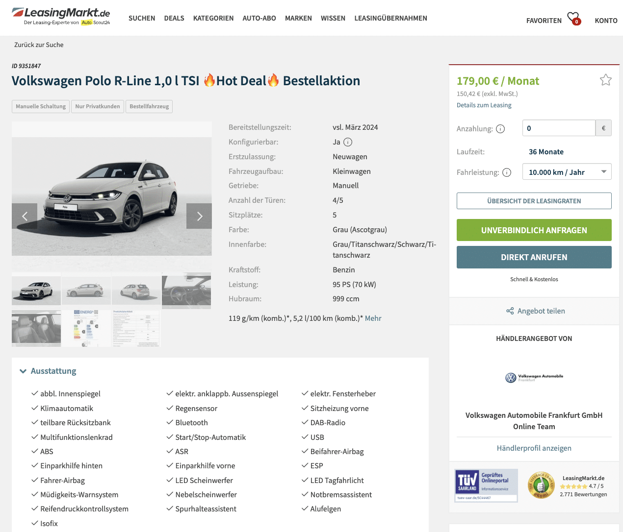 VW Polo Leasing für 179 Euro im Monat brutto 