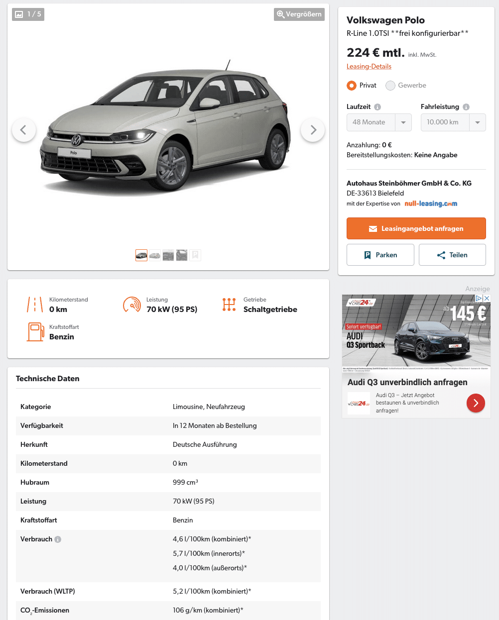 VW Polo Leasing für 224 Euro im Monat brutto 