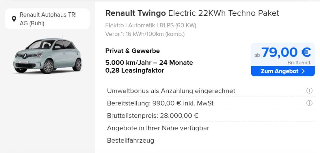 Renault Twingo E-TECH Leasing für 79 Euro im Monat brutto 
