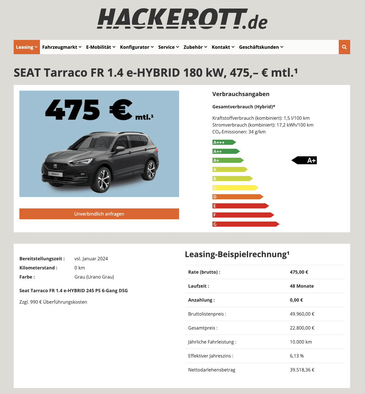 Seat Tarraco e-Hybrid Leasing für 475 Euro im Monat brutto 