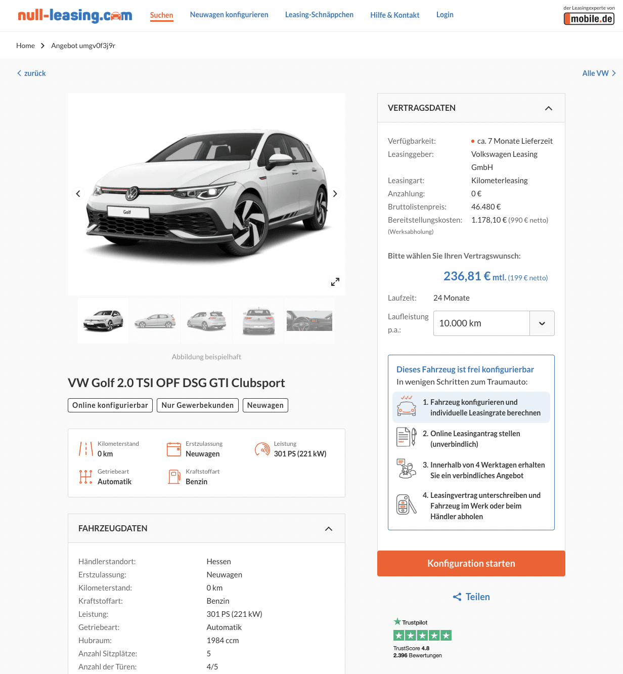 mandat G Displacement VW Golf GTI Clubsport Leasing für 199 Euro im Monat netto - sparneuwagen.de