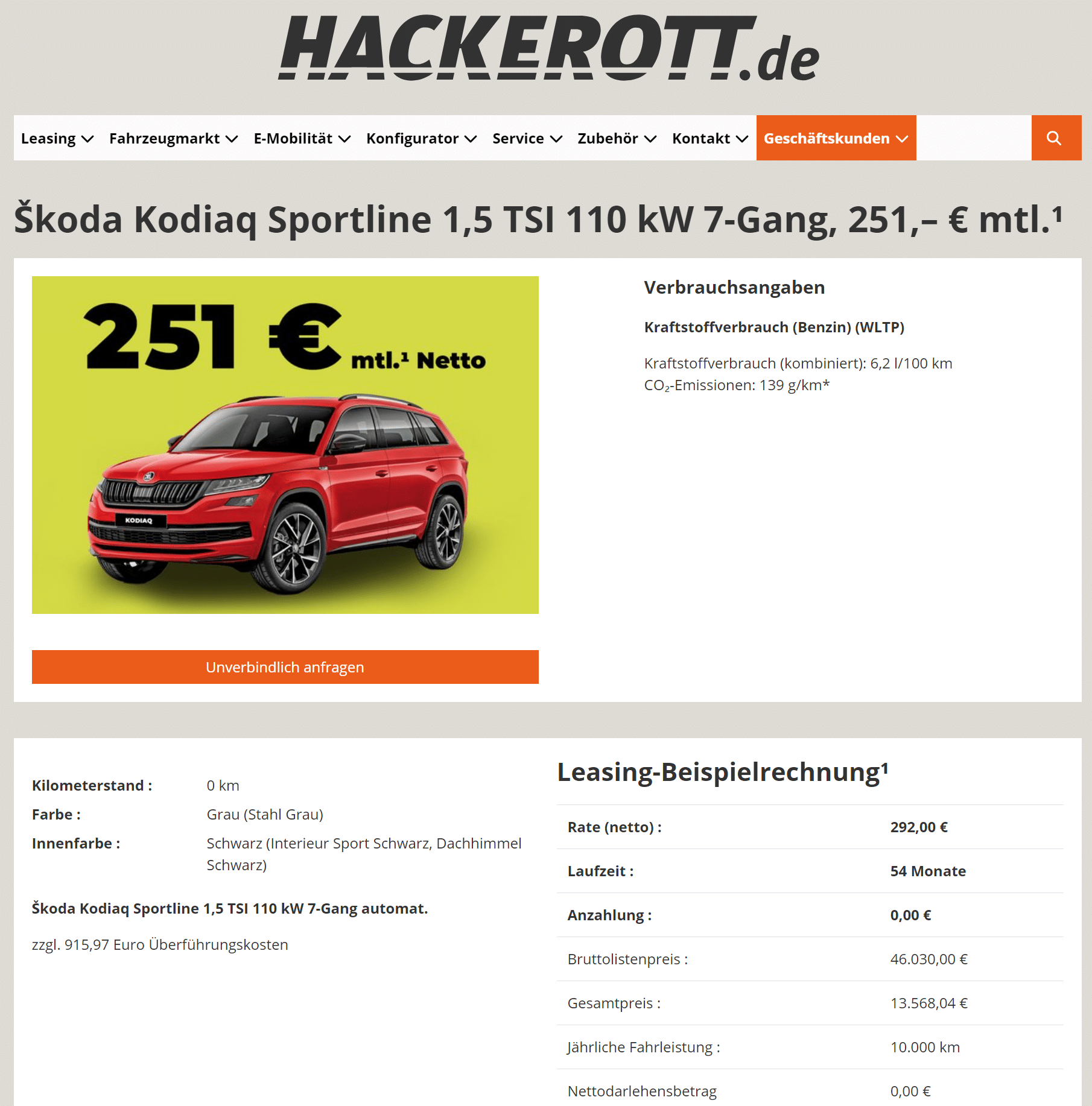 Škoda Kodiaq Leasing für 292 Euro im Monat netto 
