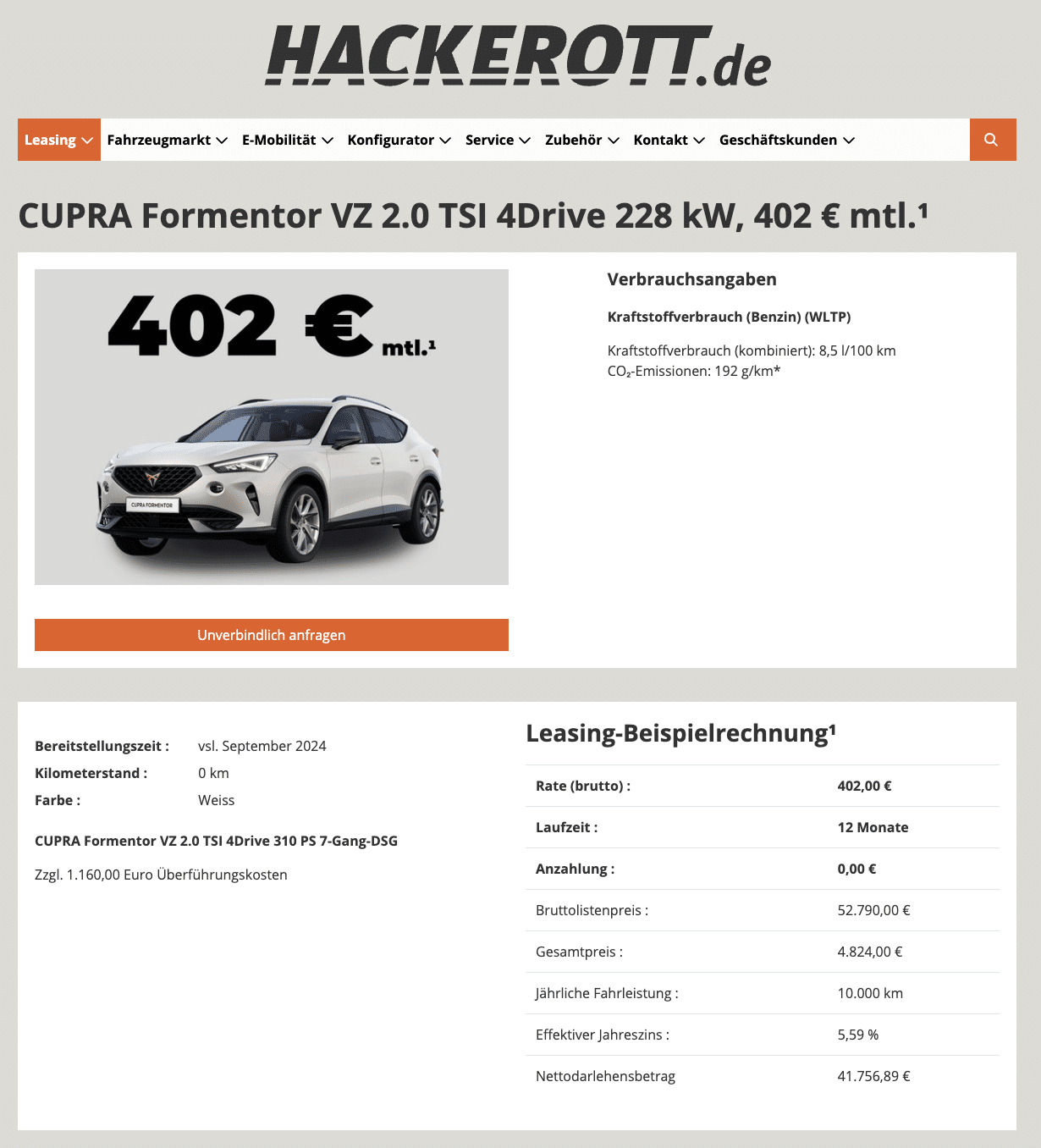 Cupra Formentor VZ Leasing für 402 Euro im Monat brutto