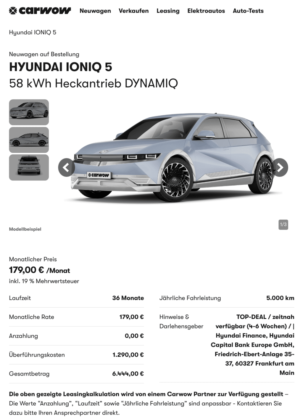 Hyundai IONIQ 5 Leasing für 179 Euro im Monat brutto sparneuwagen.de