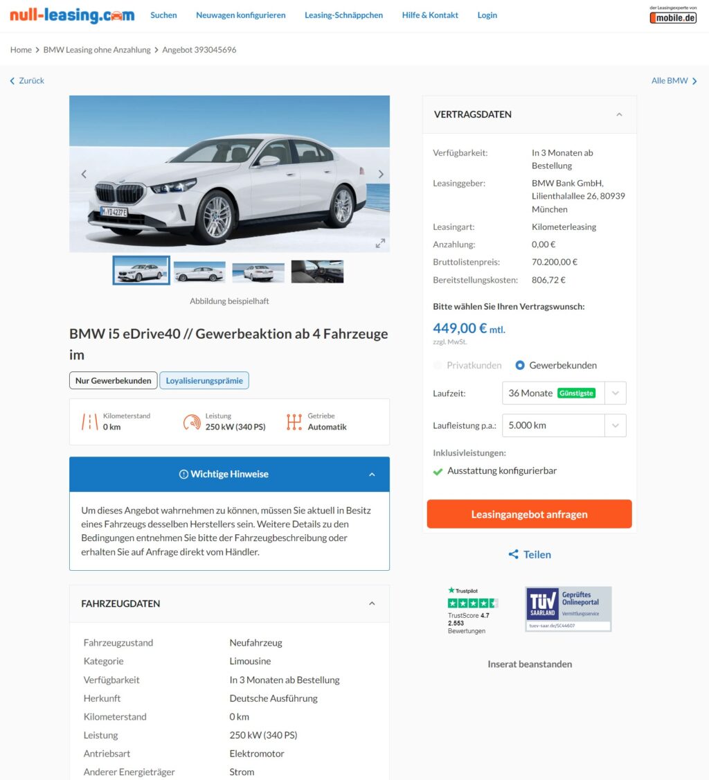 BMW i5 Leasing für 449 Euro im Monat netto - sparneuwagen.de
