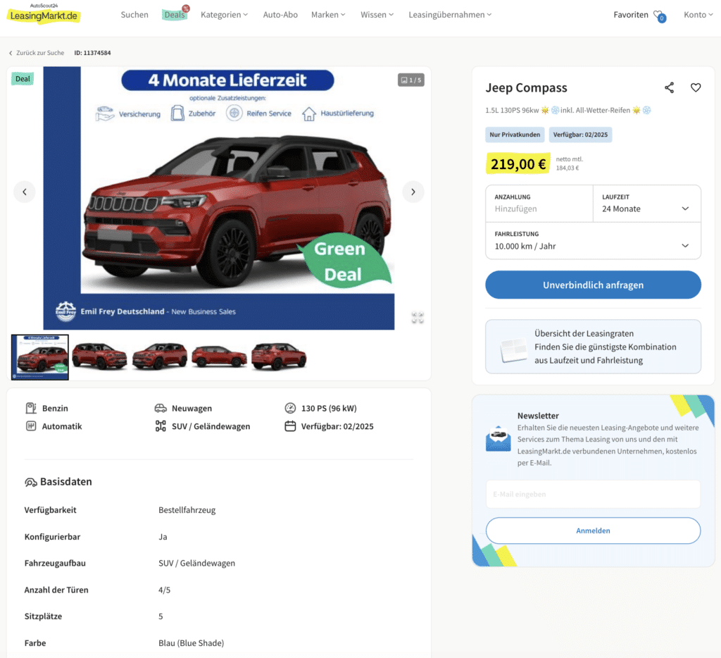 Jeep Compass Leasing für 219 Euro im Monat brutto - sparneuwagen.de